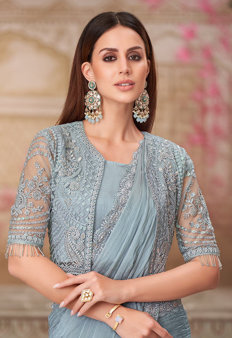 Monjolika Fashion Grey Embroidered Georgette Trendy Saree - Distacart