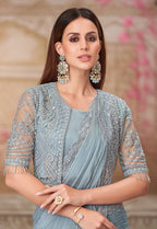 Monjolika Fashion Grey Embroidered Georgette Trendy Saree - Distacart