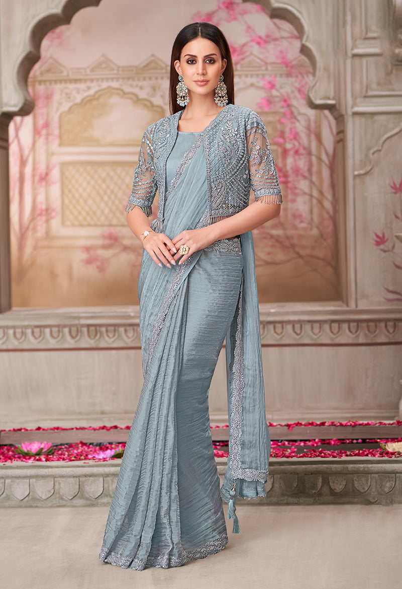 Monjolika Fashion Grey Embroidered Georgette Trendy Saree - Distacart
