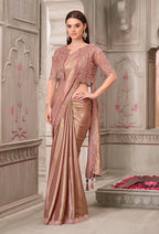 Monjolika Fashion Embroidered Brown Shimmer Satin Silk Classic Saree - Distacart