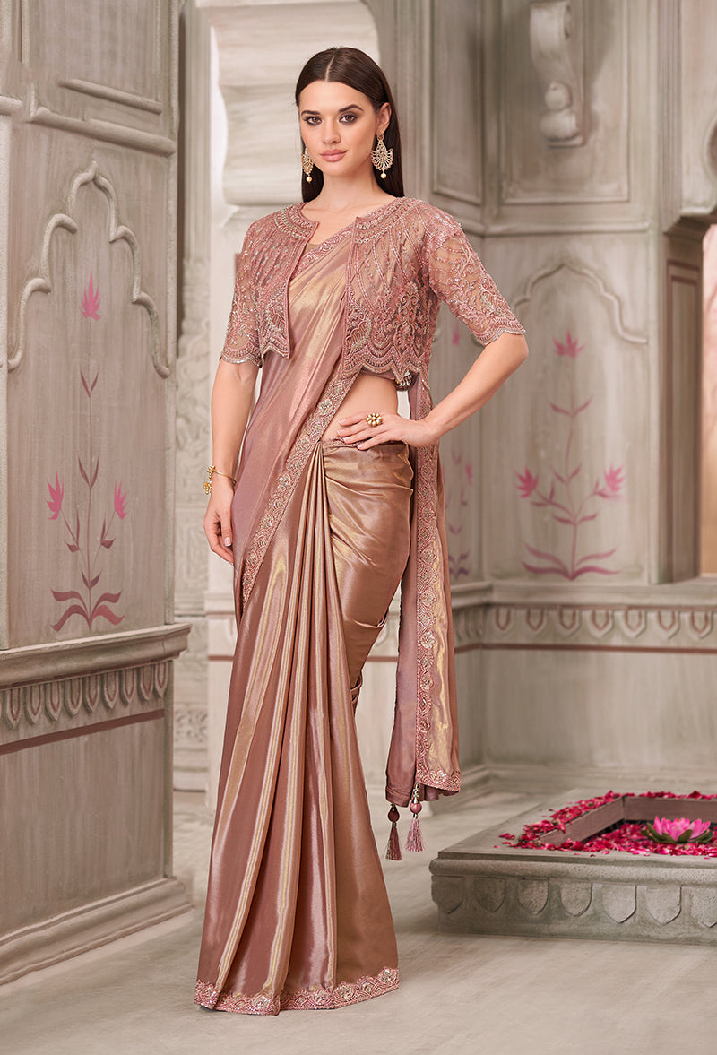 Monjolika Fashion Embroidered Brown Shimmer Satin Silk Classic Saree - Distacart