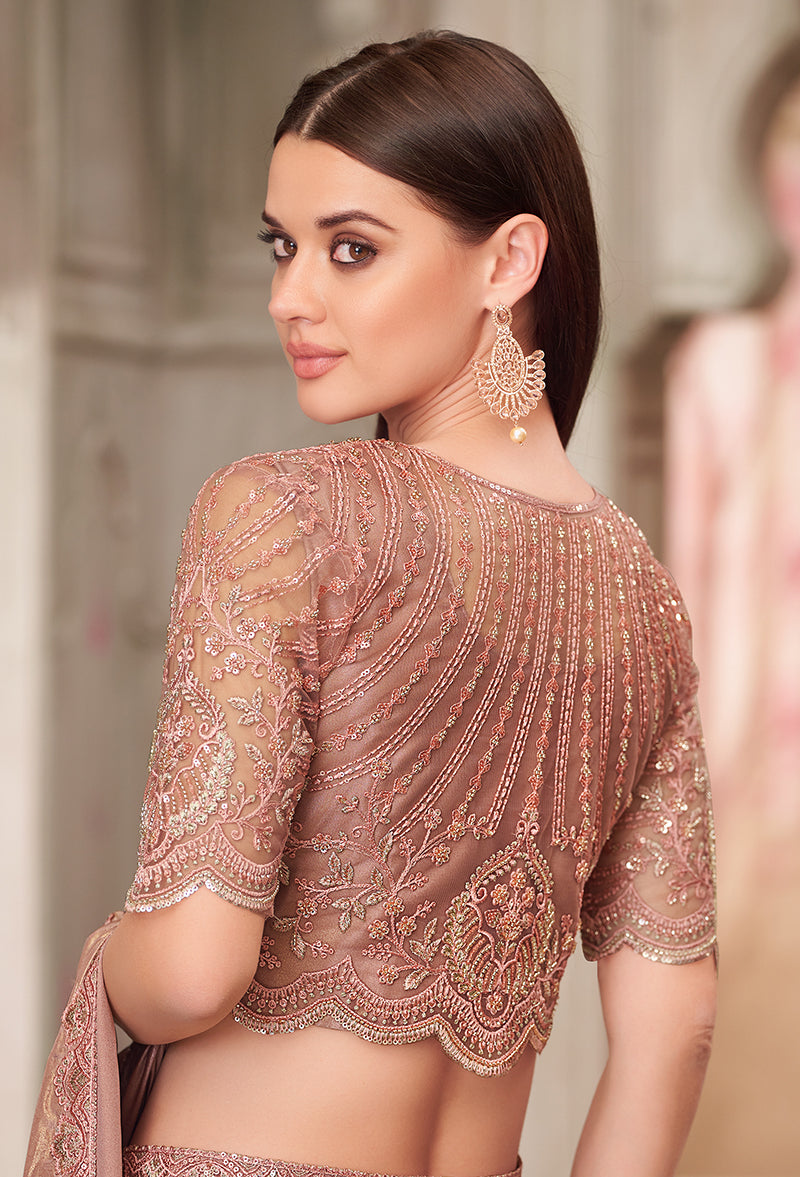Monjolika Fashion Embroidered Brown Shimmer Satin Silk Classic Saree - Distacart