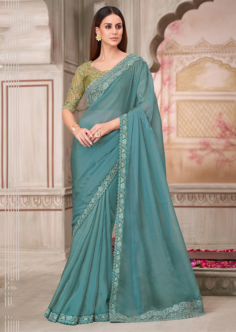 Monjolika Fashion Aqua Blue Embroidered Georgette Silk Party Wear Contemporary Saree - Distacart