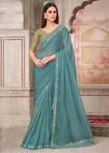 Monjolika Fashion Aqua Blue Embroidered Georgette Silk Party Wear Contemporary Saree - Distacart