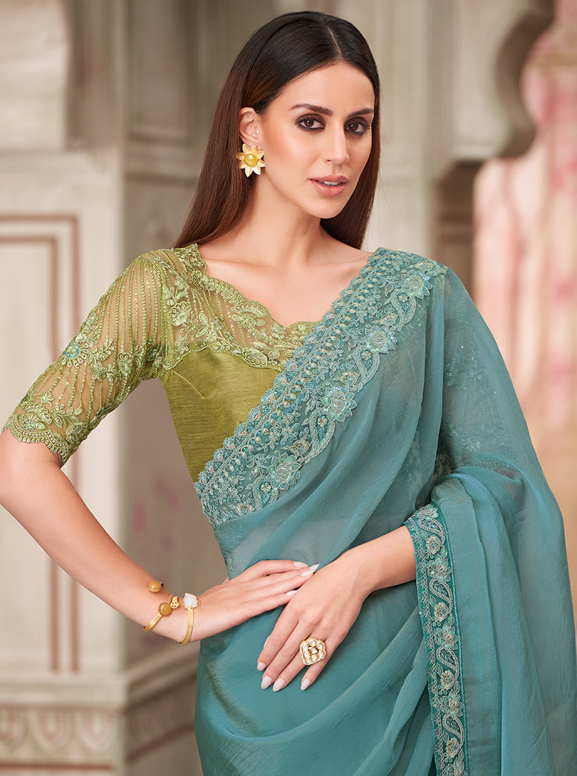 Monjolika Fashion Aqua Blue Embroidered Georgette Silk Party Wear Contemporary Saree - Distacart