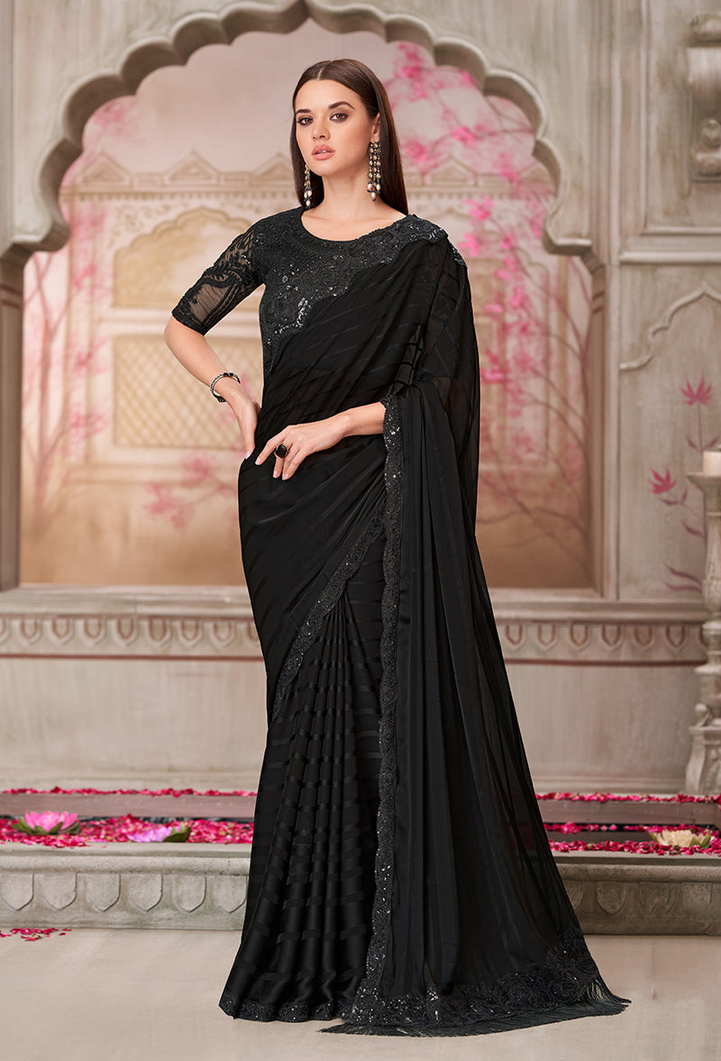 Monjolika Fashion Black Sequins Georgette Engagement Trendy Saree - Distacart