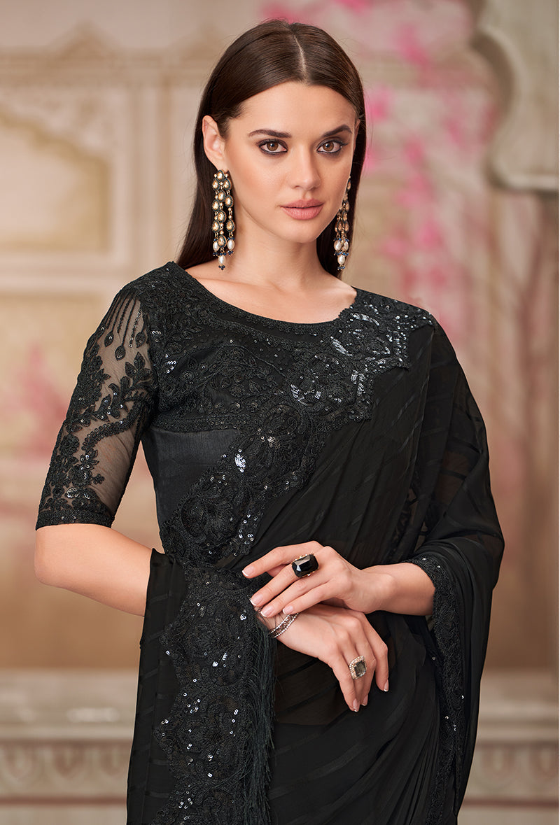 Monjolika Fashion Black Sequins Georgette Engagement Trendy Saree - Distacart