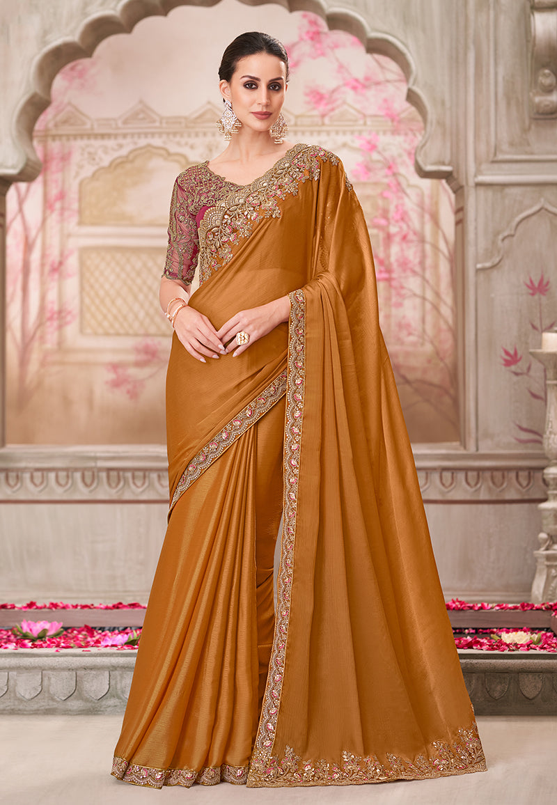 Monjolika Fashion Rust Embroidered Sequins Chiffon Silk Designer Saree - Distacart