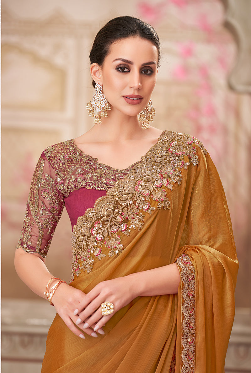 Monjolika Fashion Rust Embroidered Sequins Chiffon Silk Designer Saree - Distacart