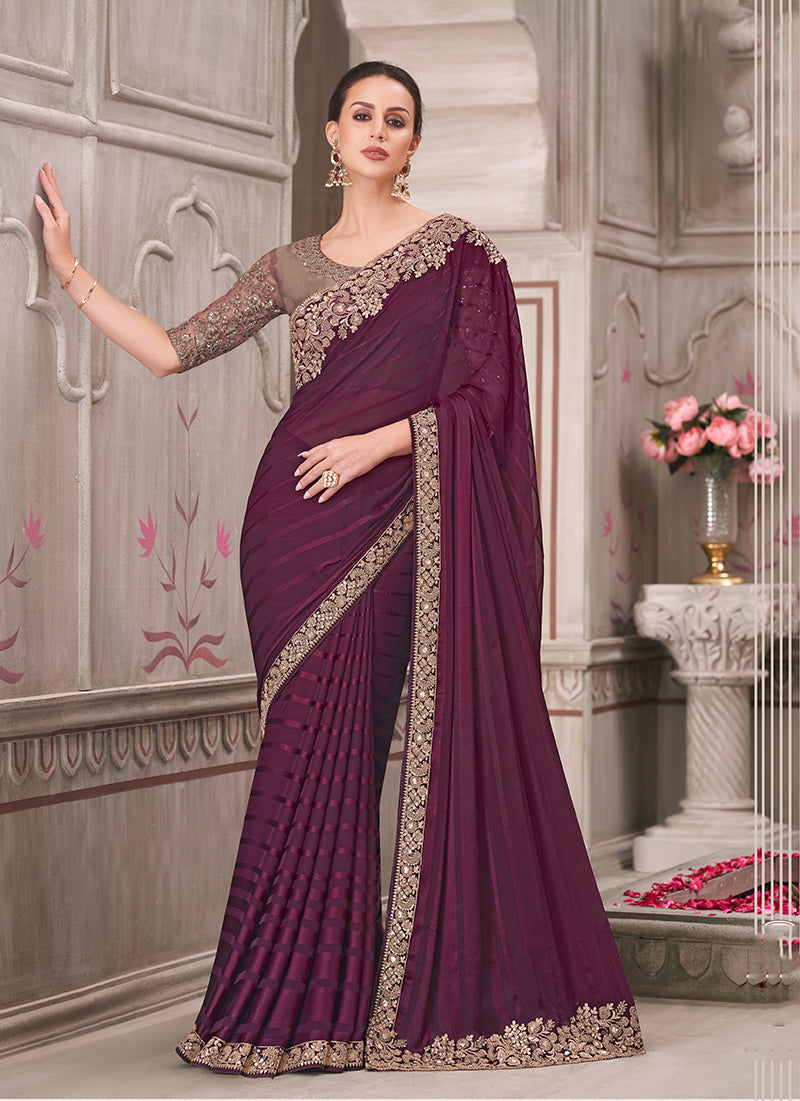 Monjolika Fashion Wine Georgette Silk Embroidered Sequins Contemporary Saree - Distacart