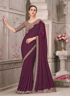 Monjolika Fashion Wine Georgette Silk Embroidered Sequins Contemporary Saree - Distacart