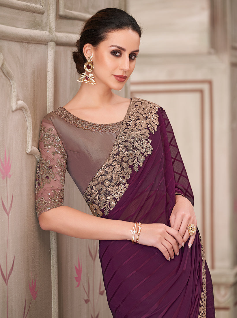 Monjolika Fashion Wine Georgette Silk Embroidered Sequins Contemporary Saree - Distacart