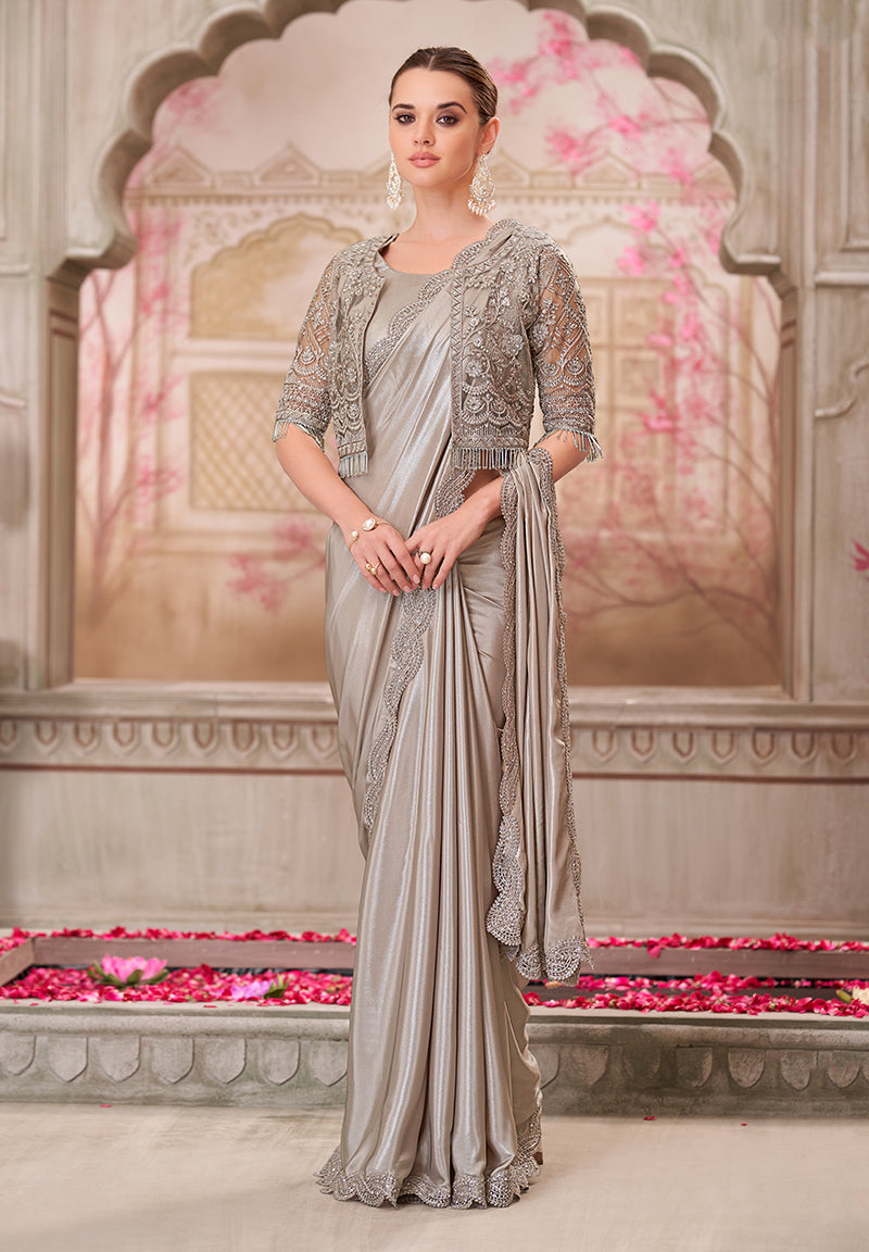 Monjolika Fashion Silver Shimmer Satin Silk Sequins Engagement Designer Saree - Distacart