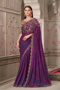 Monjolika Fashion Purple Satin Georgette Embroidered And Stone Work Trendy Saree - Distacart