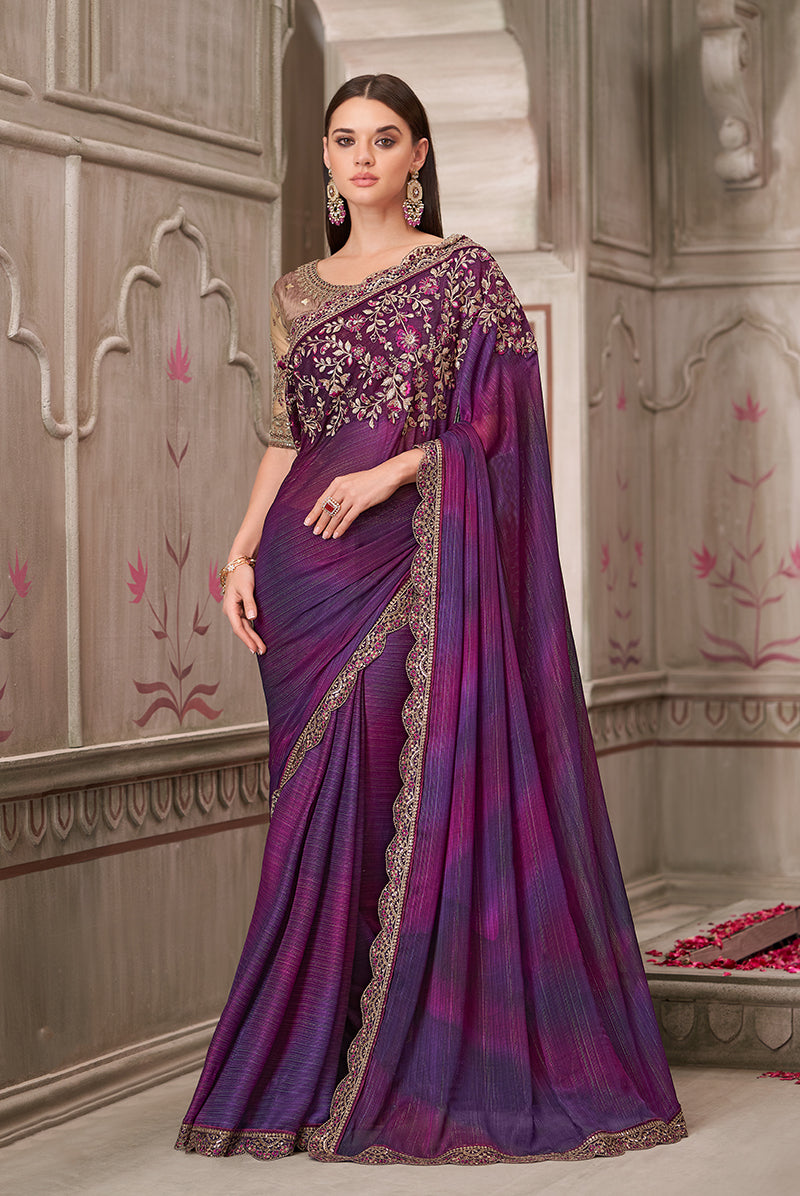 Monjolika Fashion Purple Satin Georgette Embroidered And Stone Work Trendy Saree - Distacart