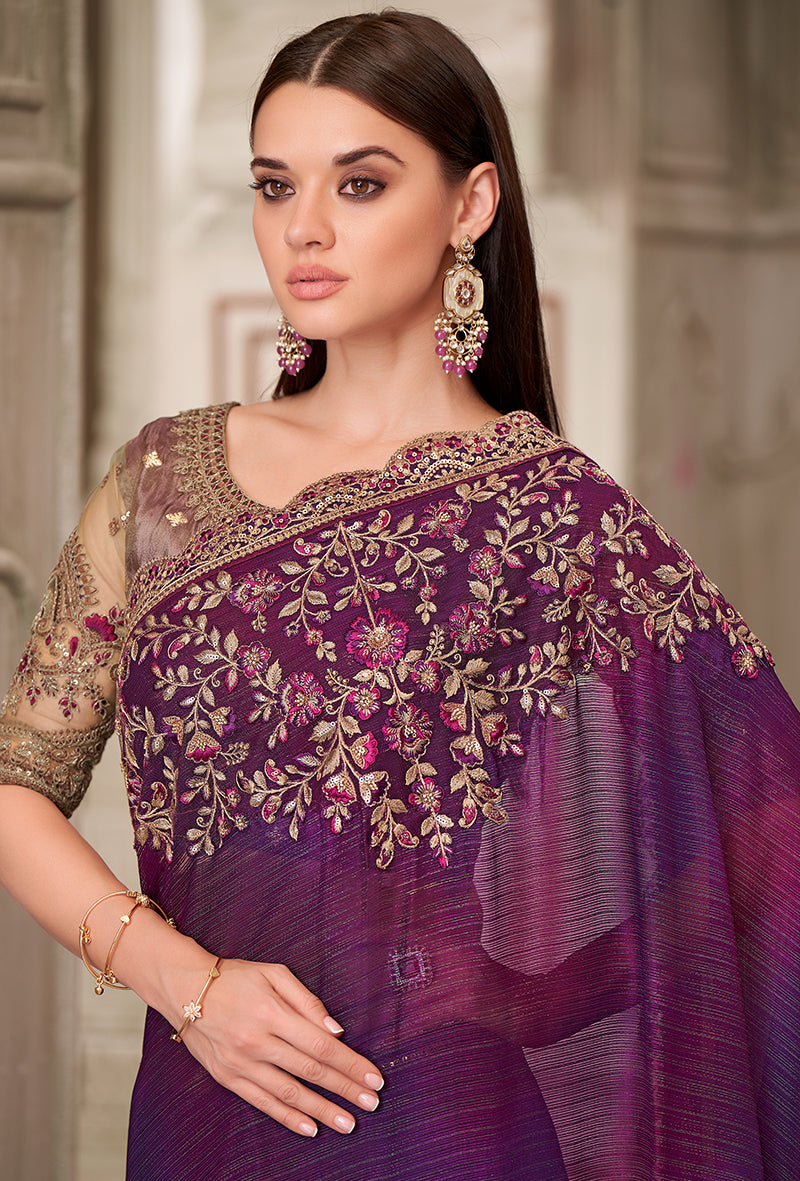 Monjolika Fashion Purple Satin Georgette Embroidered And Stone Work Trendy Saree - Distacart