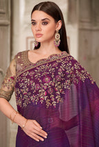 Monjolika Fashion Purple Satin Georgette Embroidered And Stone Work Trendy Saree - Distacart