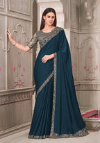 Monjolika Fashion Teal Satin Georgette Silk Embroidered Sequins Classic Saree - Distacart