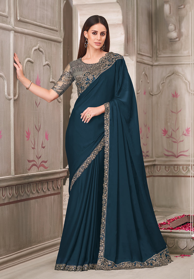Monjolika Fashion Teal Satin Georgette Silk Embroidered Sequins Classic Saree - Distacart