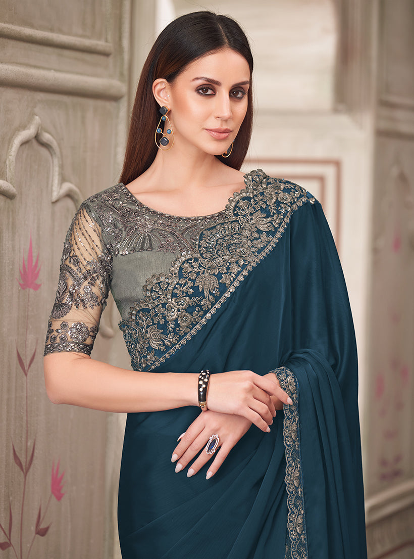 Monjolika Fashion Teal Satin Georgette Silk Embroidered Sequins Classic Saree - Distacart
