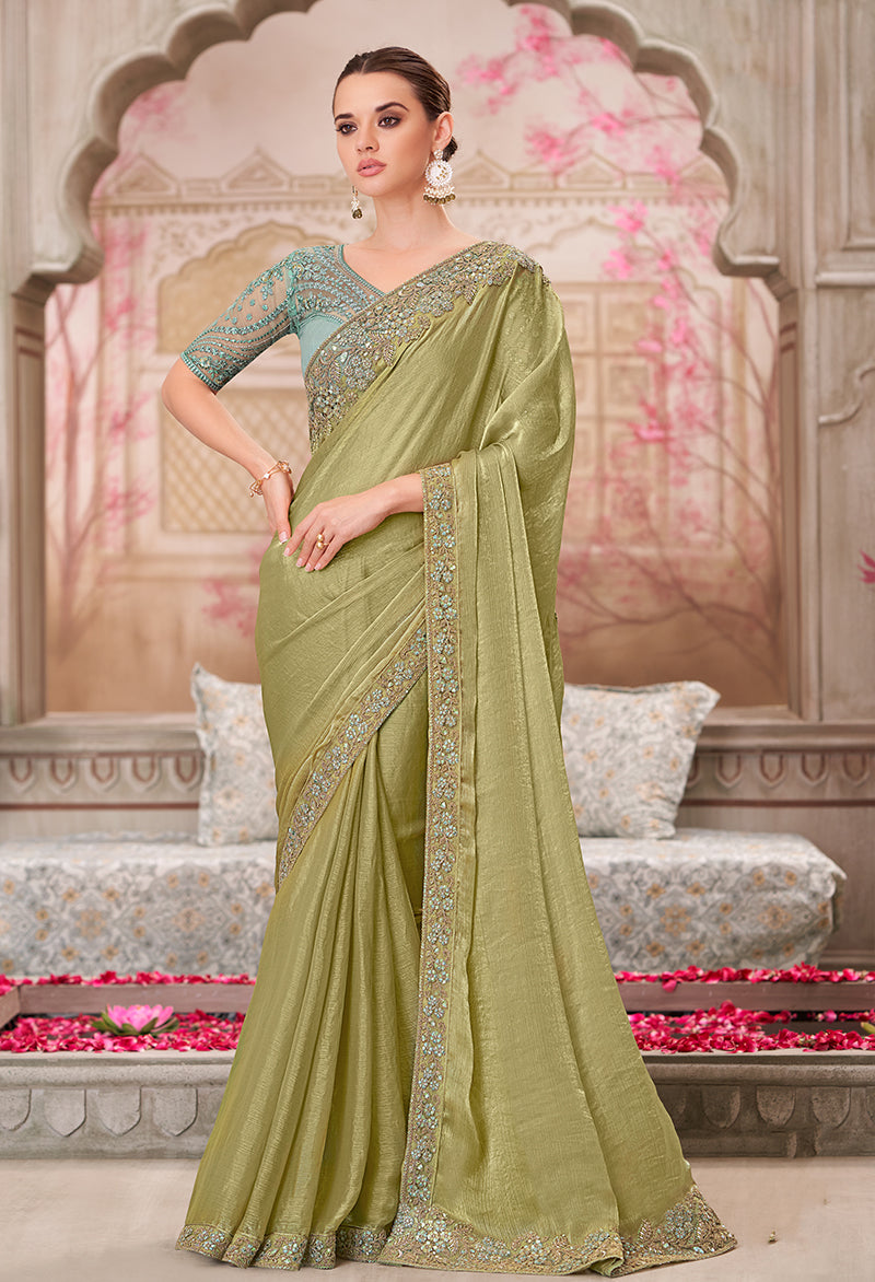 Monjolika Fashion Olive Chiffon Silk Embroidered Contemporary Saree - Distacart