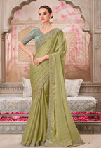 Monjolika Fashion Olive Chiffon Silk Embroidered Contemporary Saree - Distacart