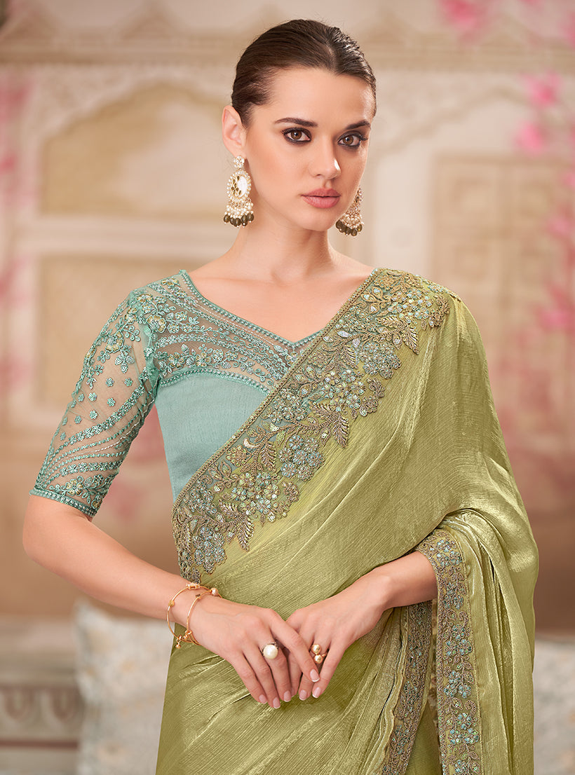 Monjolika Fashion Olive Chiffon Silk Embroidered Contemporary Saree - Distacart