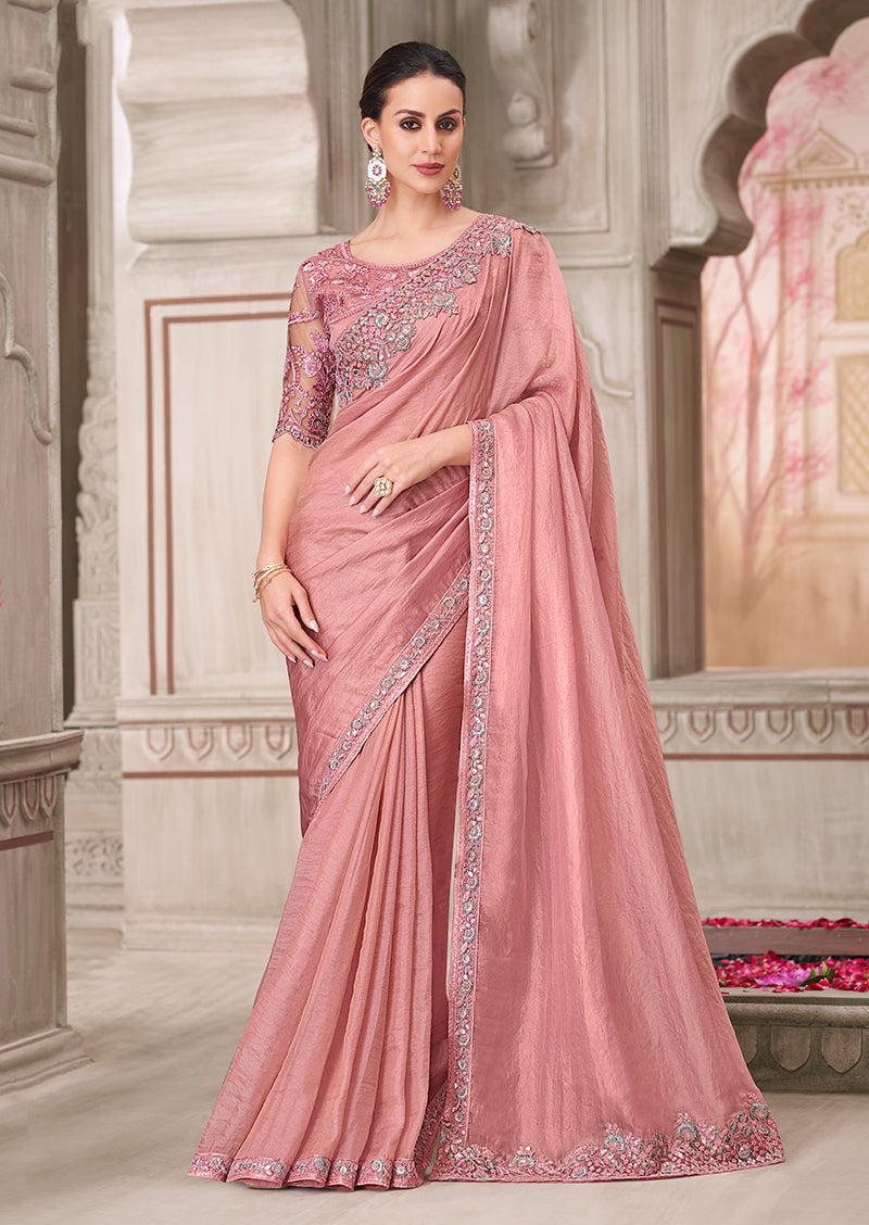 Monjolika Fashion Pink Georgette Satin Embroidered Trendy Saree - Distacart