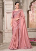 Monjolika Fashion Pink Georgette Satin Embroidered Trendy Saree - Distacart