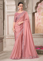 Monjolika Fashion Pink Georgette Satin Embroidered Trendy Saree - Distacart