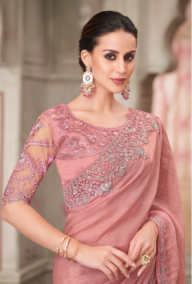 Monjolika Fashion Pink Georgette Satin Embroidered Trendy Saree - Distacart