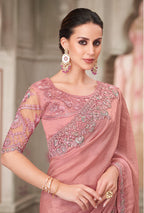 Monjolika Fashion Pink Georgette Satin Embroidered Trendy Saree - Distacart