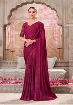 Monjolika Fashion Burgundy Satin Silk Embroidered Sangeet Designer Saree - Distacart