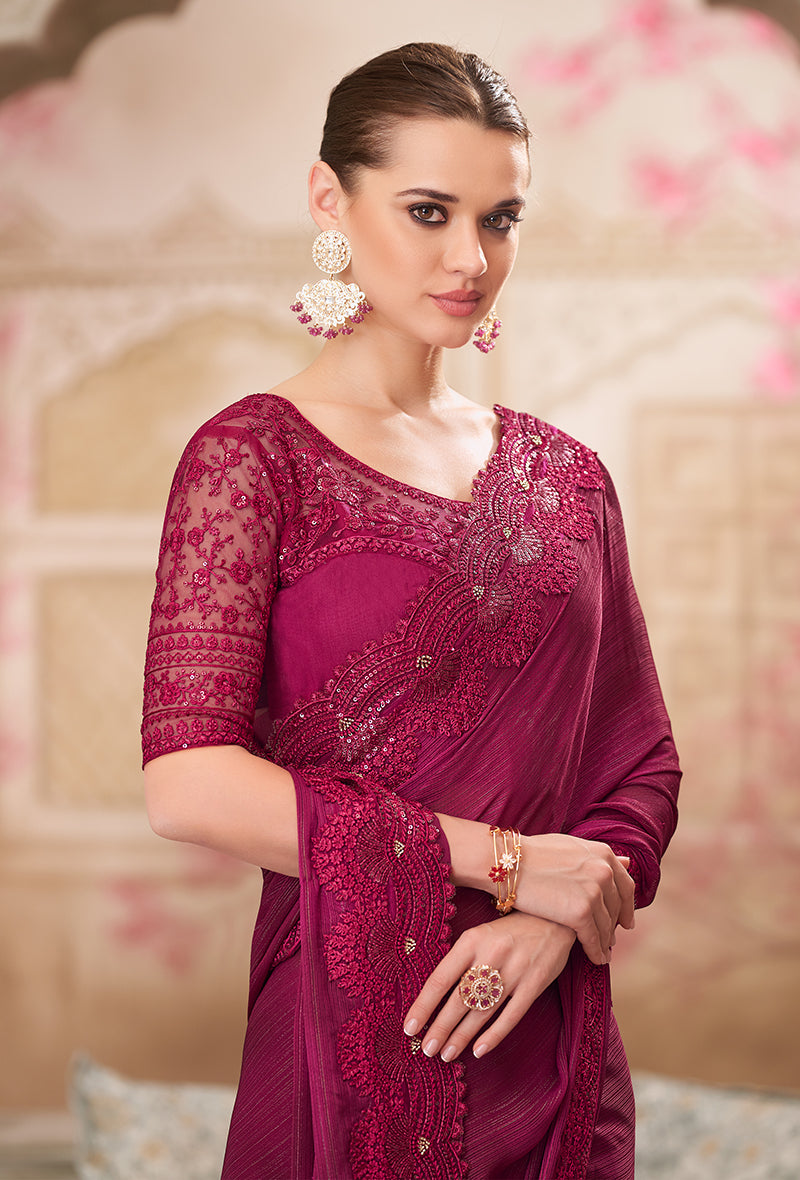 Monjolika Fashion Burgundy Satin Silk Embroidered Sangeet Designer Saree - Distacart