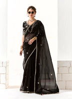 Monjolika Fashion Black Embroidered Sequins Sangeet Tissue Classic Saree