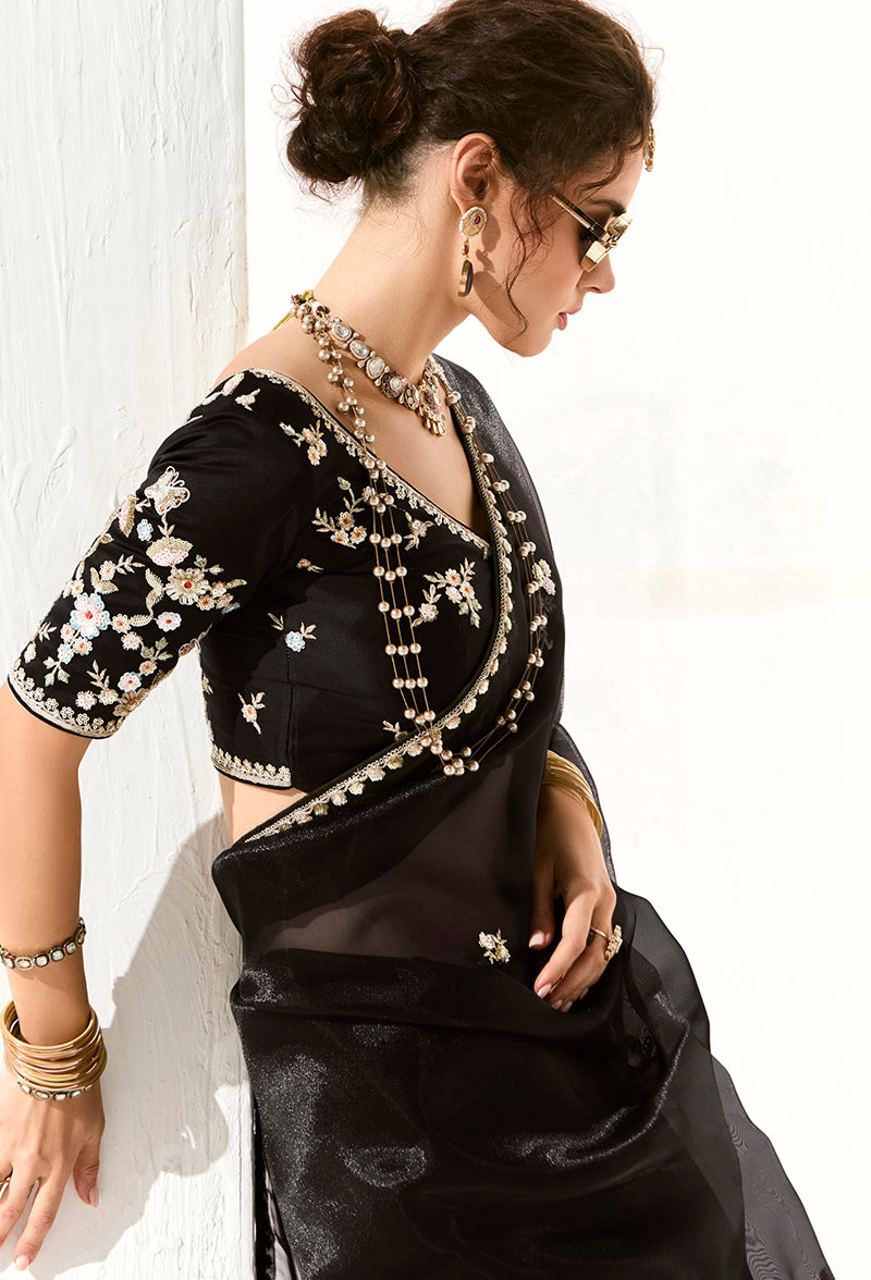 Monjolika Fashion Black Embroidered Sequins Sangeet Tissue Classic Saree