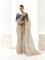 Monjolika Fashion Off White Embroidered Sequins Organza Tissue Contemporary Saree
