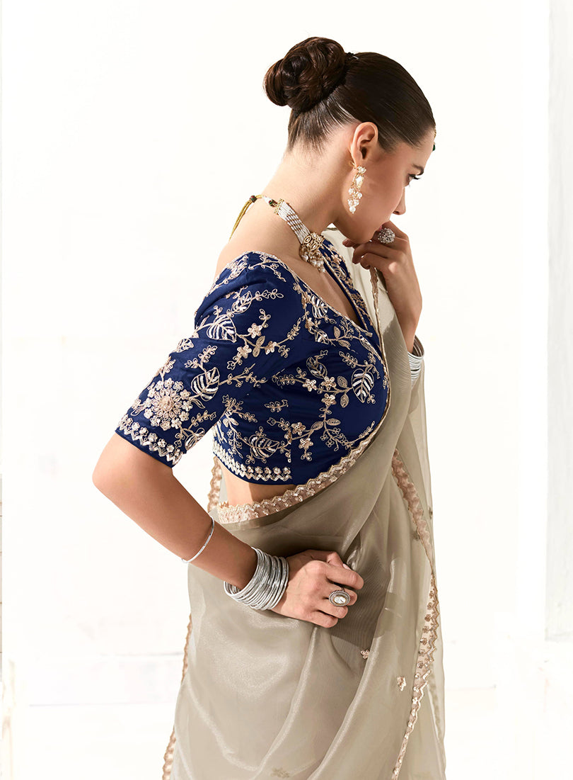 Monjolika Fashion Off White Embroidered Sequins Organza Tissue Contemporary Saree