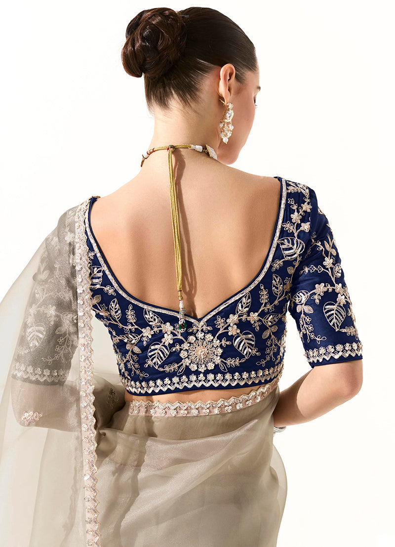 Monjolika Fashion Off White Embroidered Sequins Organza Tissue Contemporary Saree