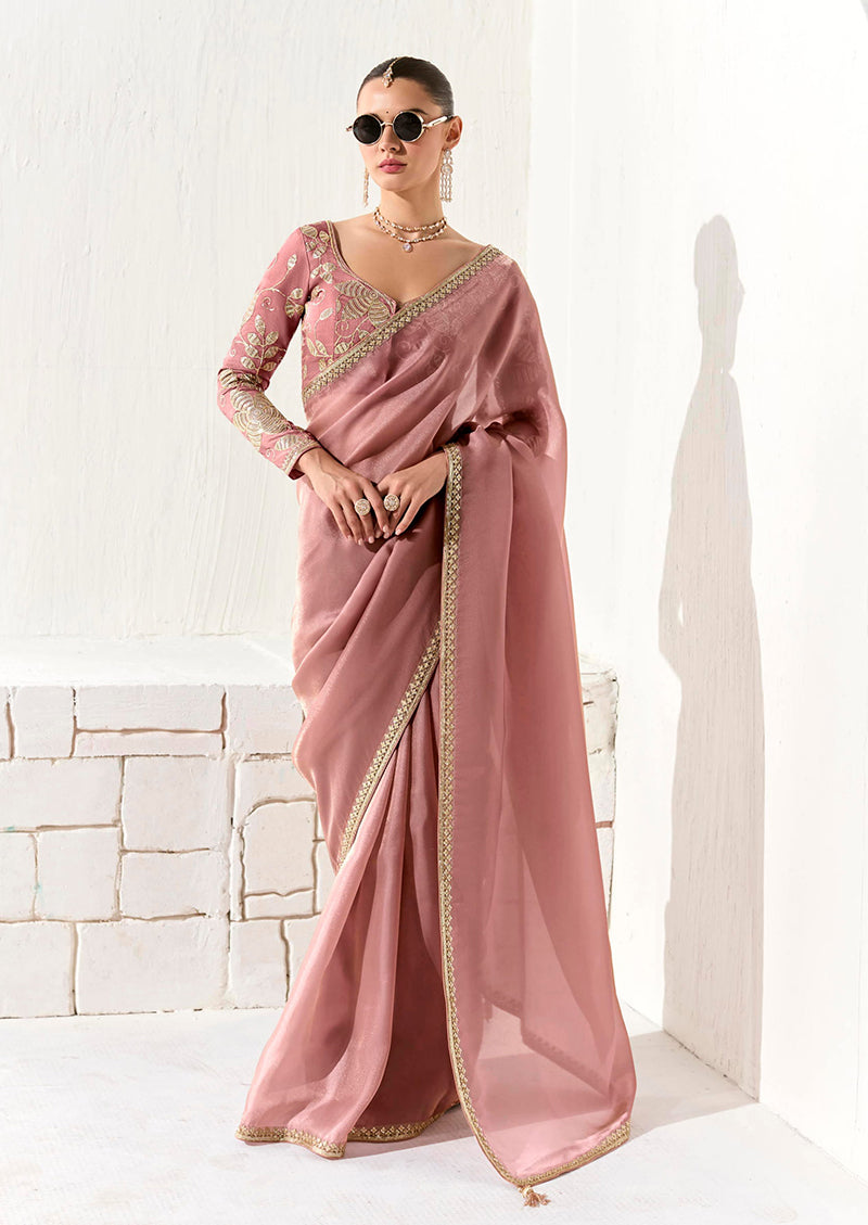 Monjolika Fashion Tissue Dusty Rose Embroidered Sequins Designer Saree