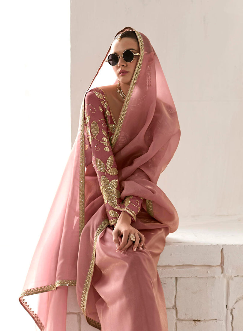 Monjolika Fashion Tissue Dusty Rose Embroidered Sequins Designer Saree