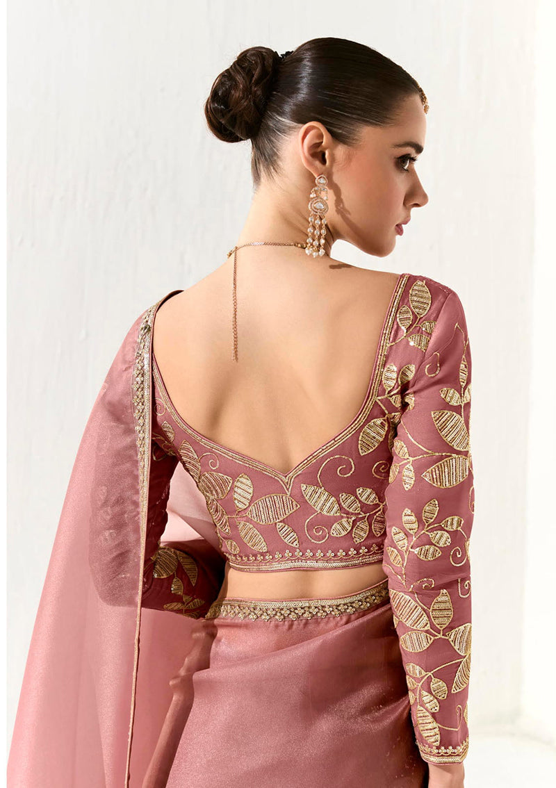 Monjolika Fashion Tissue Dusty Rose Embroidered Sequins Designer Saree