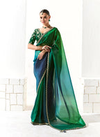 Monjolika Fashion Organza Tissue Embroidered Sequins Dark Green Traditional Saree - Distacart