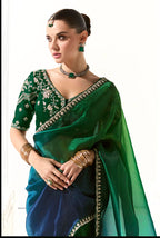 Monjolika Fashion Organza Tissue Embroidered Sequins Dark Green Traditional Saree - Distacart