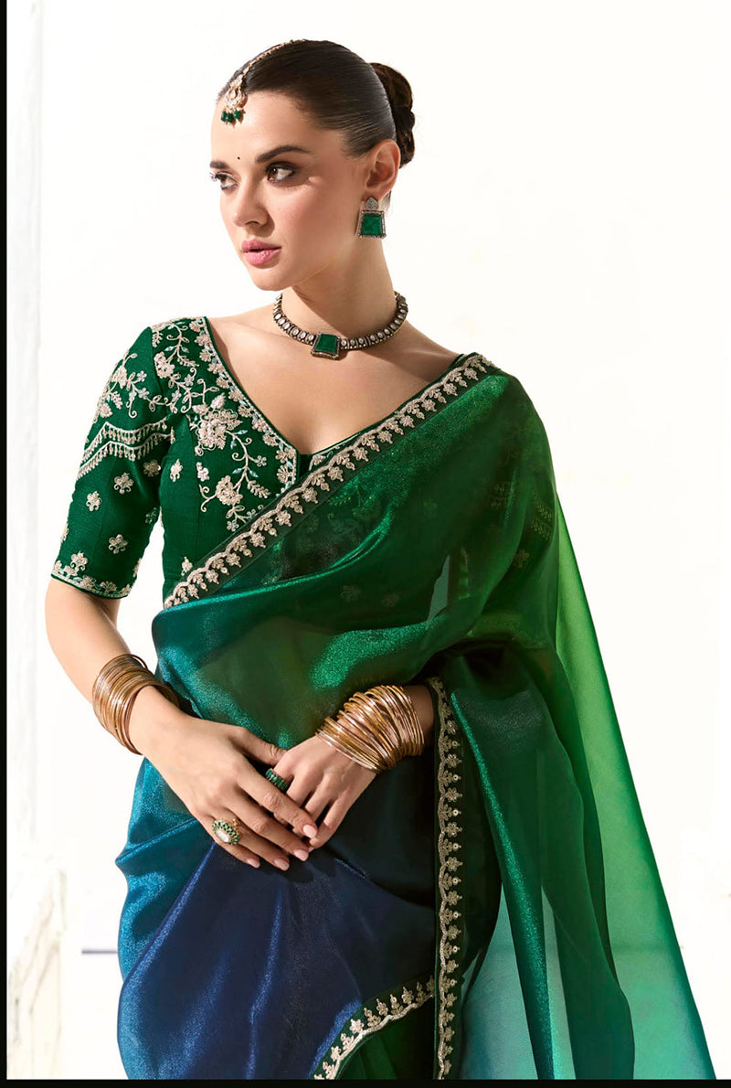 Monjolika Fashion Organza Tissue Embroidered Sequins Dark Green Traditional Saree - Distacart