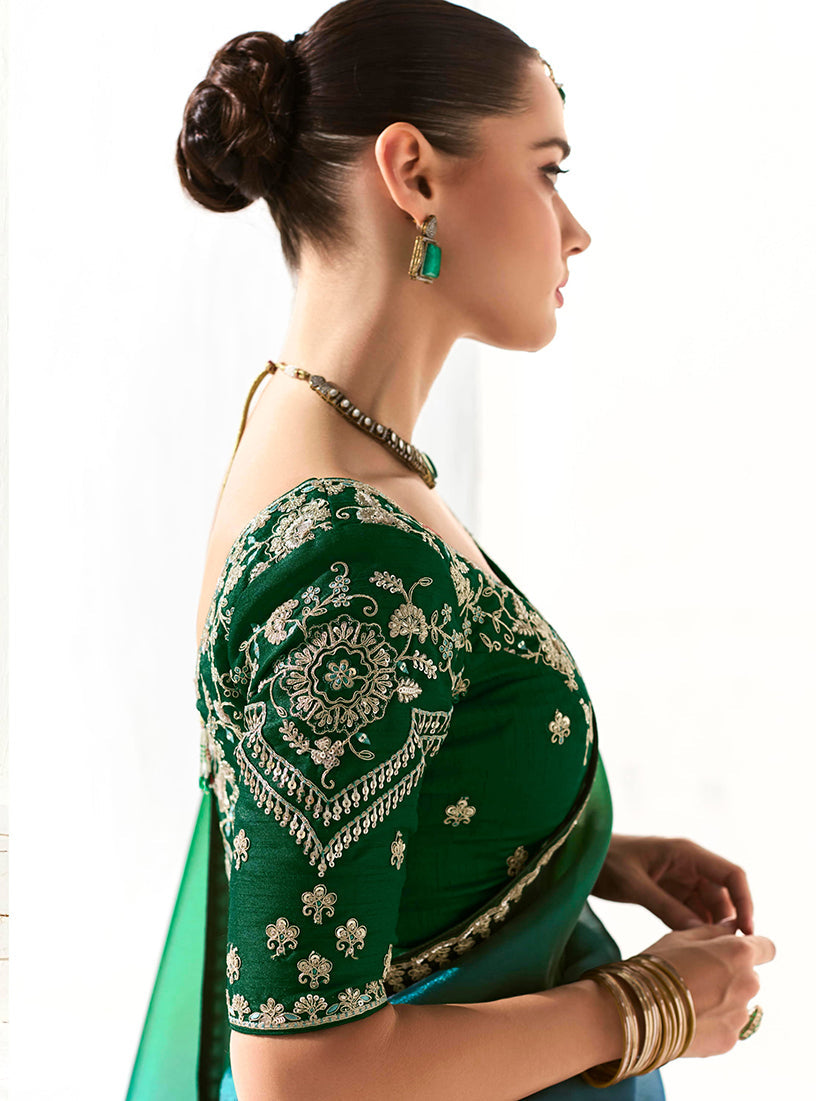 Monjolika Fashion Organza Tissue Embroidered Sequins Dark Green Traditional Saree - Distacart