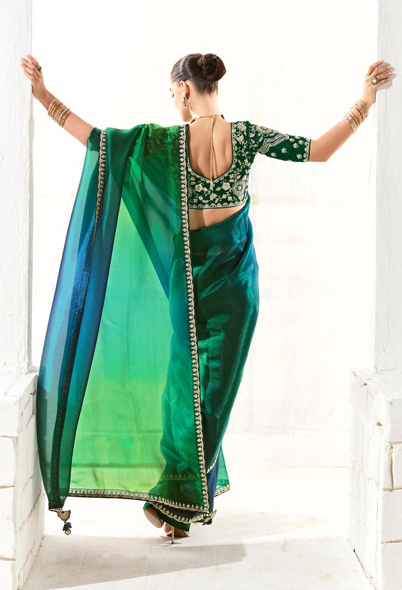 Monjolika Fashion Organza Tissue Embroidered Sequins Dark Green Traditional Saree - Distacart