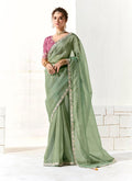 Monjolika Fashion Tissue Embroidered Sequins Classic Saree in Dark Sea Green