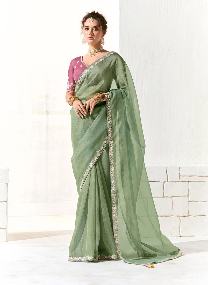Monjolika Fashion Tissue Embroidered Sequins Classic Saree in Dark Sea Green