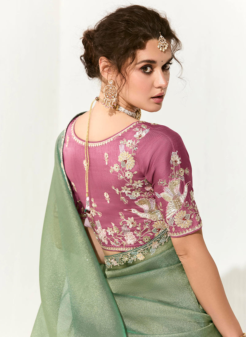 Monjolika Fashion Tissue Embroidered Sequins Classic Saree in Dark Sea Green